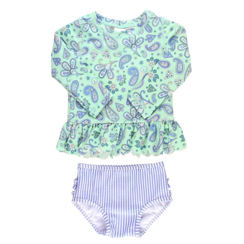 NEW RUFFLEBUTTS girls' paisley peplum two-piece rash guard in aqua/blue